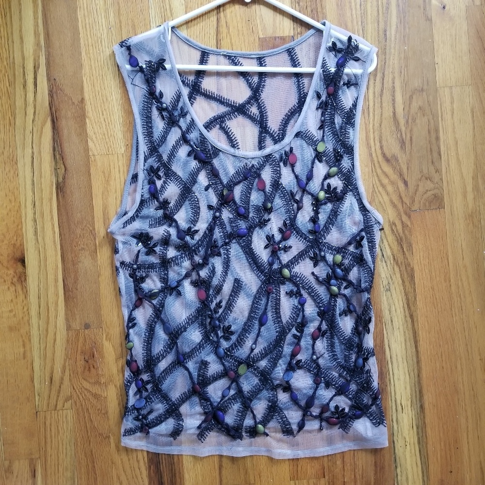Heavily Embroidered and Embellished Mesh Tank Top